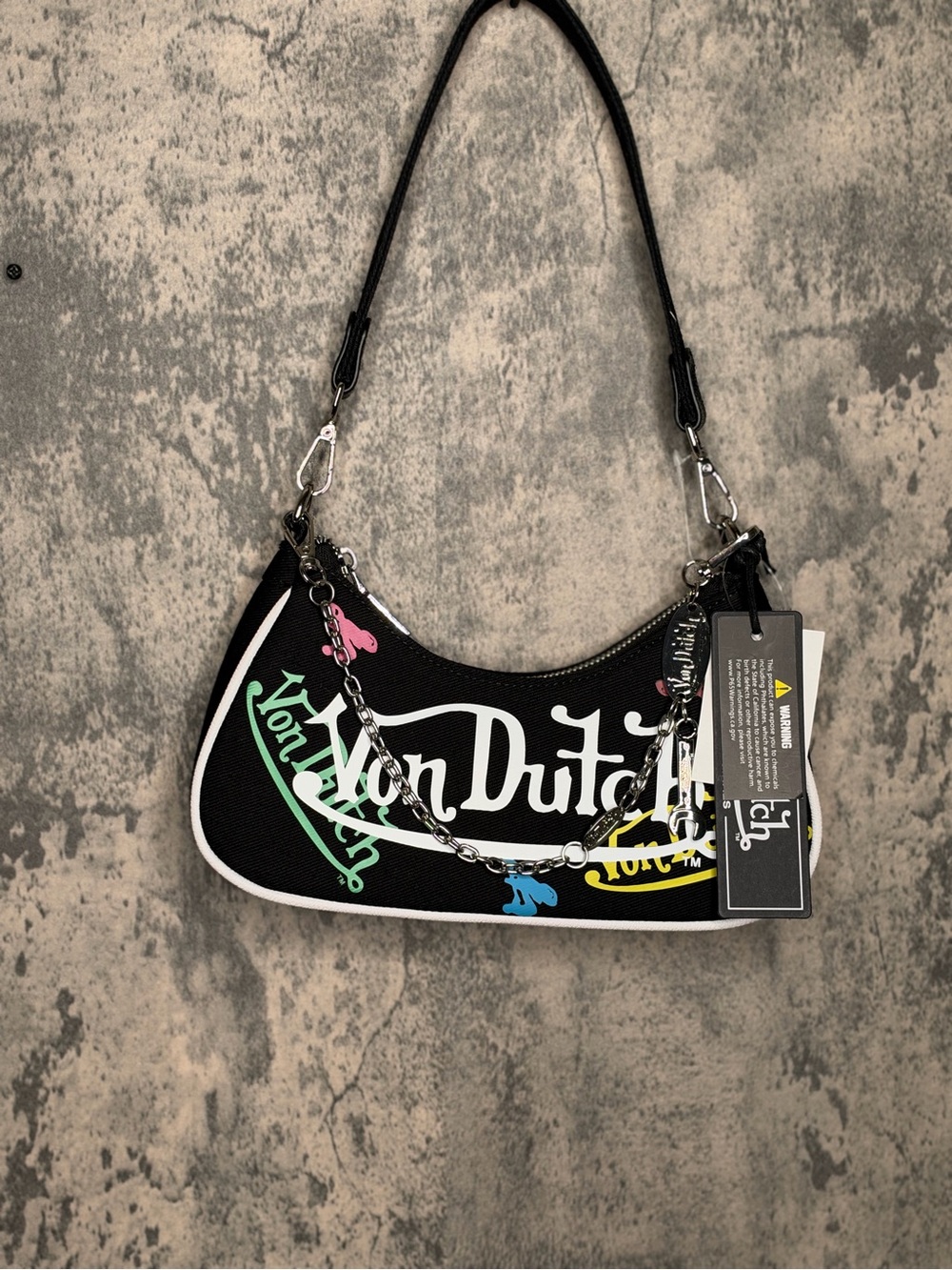 Von Dutch Black Logo-Print Shoulder Bag with Multicolor Accents